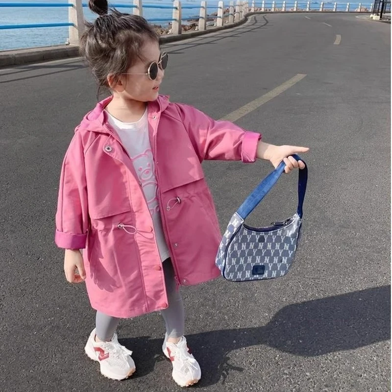 Hot Selling Spring Autumn Girls Coat Long Style Waist Retractable Hoodies Windbreaker Jacket For 3-12 Years Old Kids