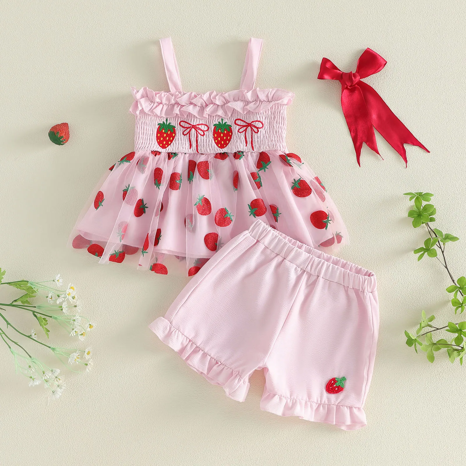 Sweet Toddler Baby Girl Summer Outfit Strawberry Bow Embroidered Ruffled Trim Sleeveless Mesh Lace Tops Shorts 2 Pcs Set