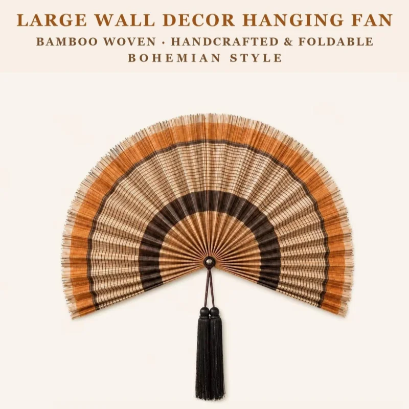 Vintage Handwoven Bamboo Wall Fan with Tassel Striped Decorative Art Natural Fan for Entryway Bedroom Apartment Wall Decor