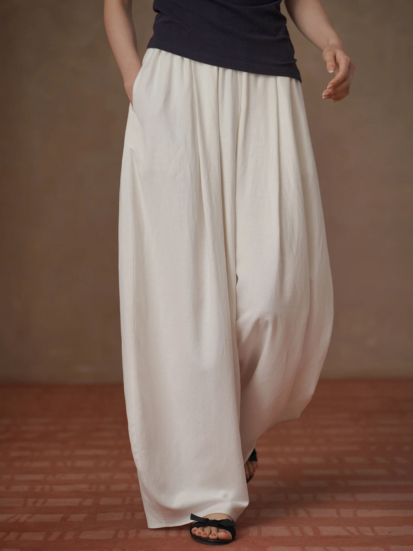 High Waist Summer Loose Fit Pants Women's Lightweight Balloon Pants Casual Style Simple Design Comfortable Linen Blend