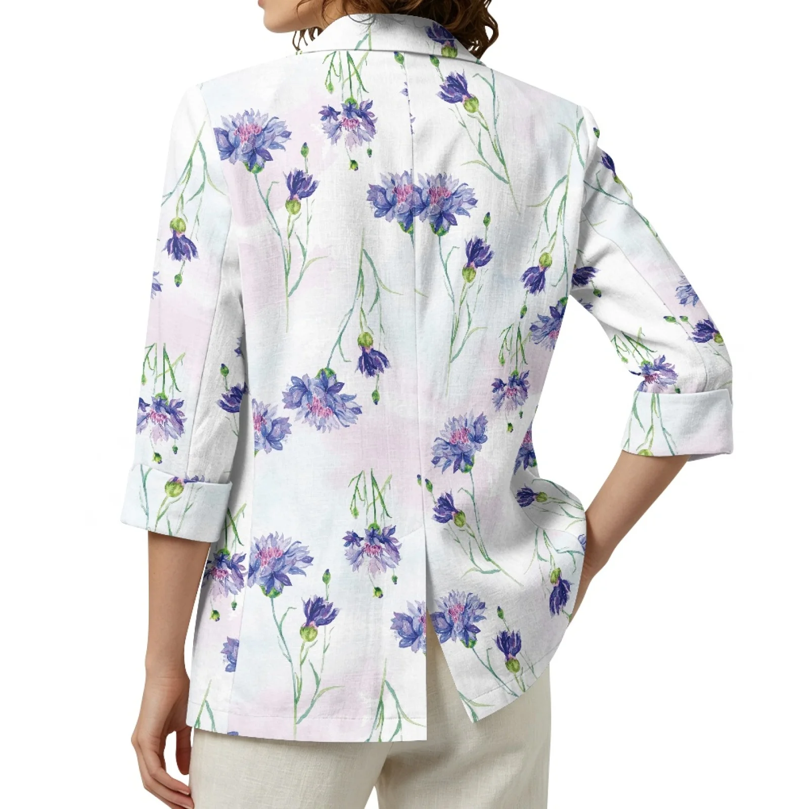 PENSTROLL Blue Cornflowers Linen Like Beach Cover Ups Open Front Cardigan for Womens Lightweight Light Cover Up