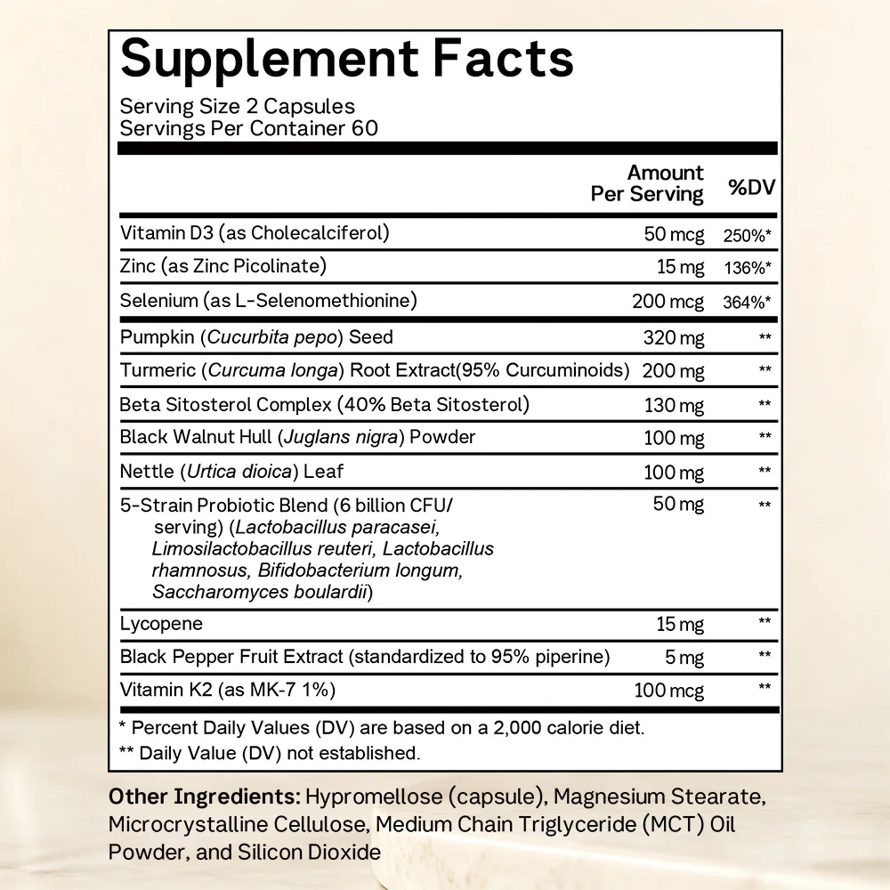 Prostate Supplements - Supports Urinary Flow & Bladder Control, with Probiotics, Black Walnut, Nettle & Turmeric - 120 Capsules