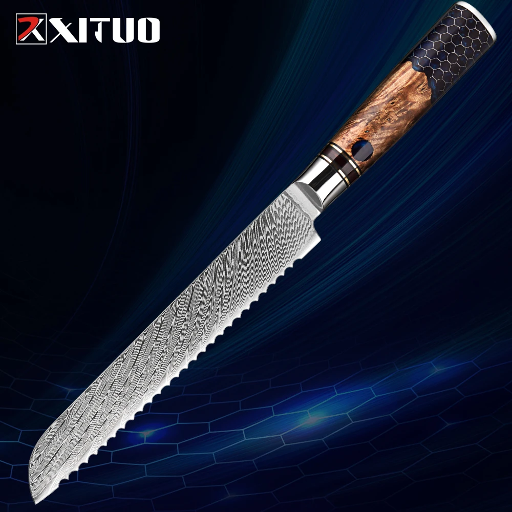 

Damascus Bread Knife 8Inch Sharp Serrated Knife,Damascus Steel Blade Kitchen knife Exquisite Ergonomics Handle,Ideal for Gifting