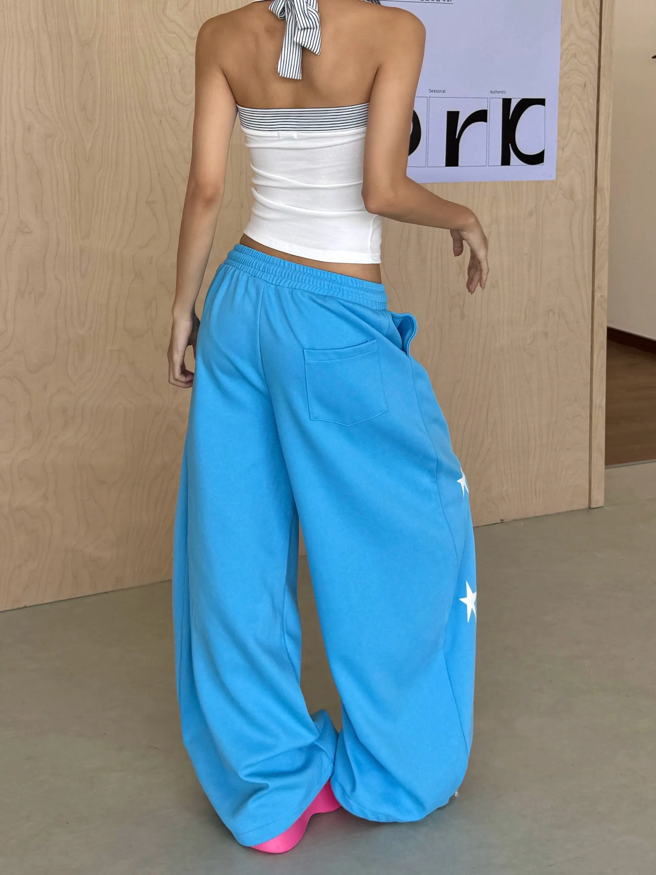 

American Street Style Girl Dopaamine Star Print Curved Knife Loose Wide Leg Pants Women Summer Autumn Trendy Casual Trou...