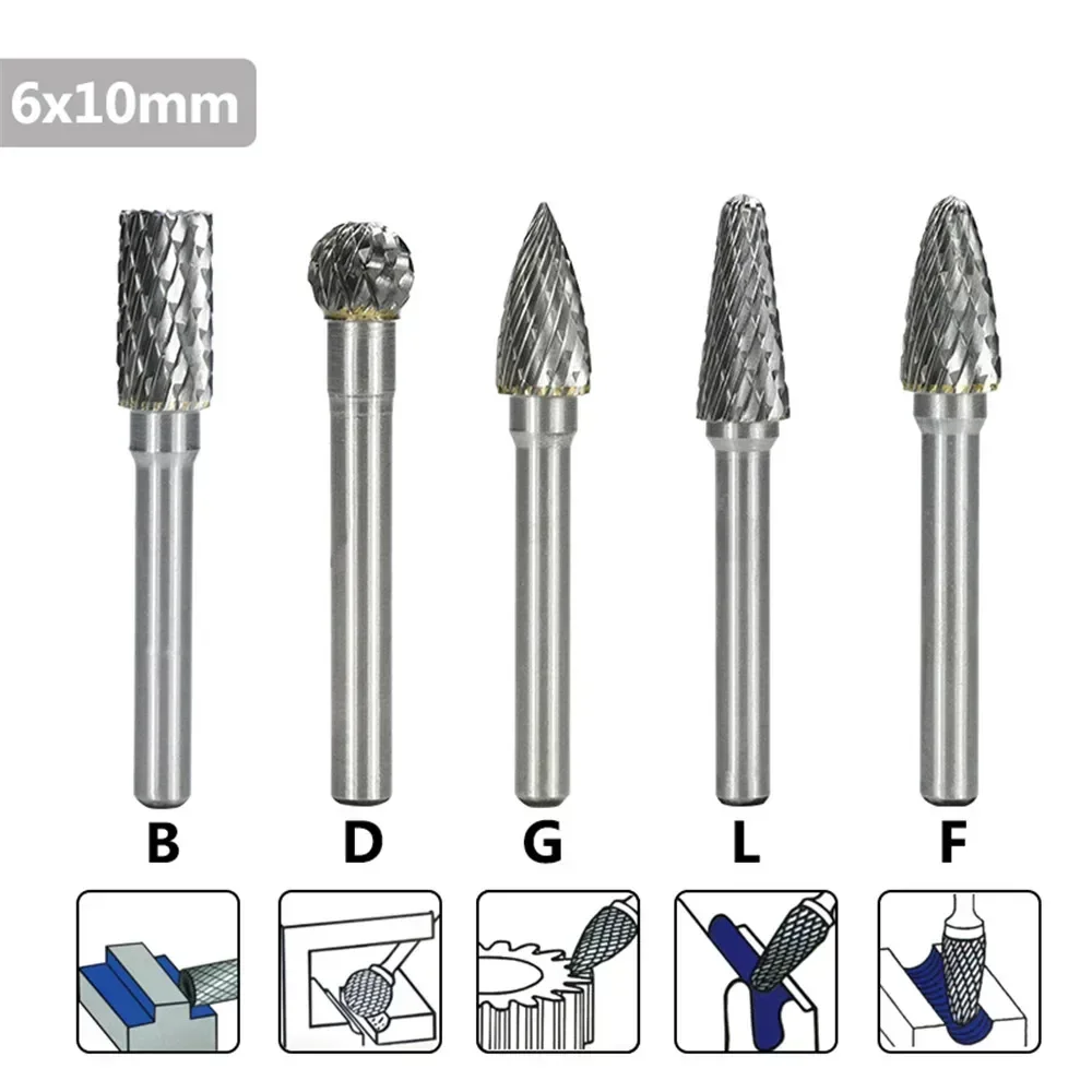 Tungsten Carbide Burr File 5Pcs 6X10Mm B D G L F Type  Rotary Milling Cutter for Dremel  Tools