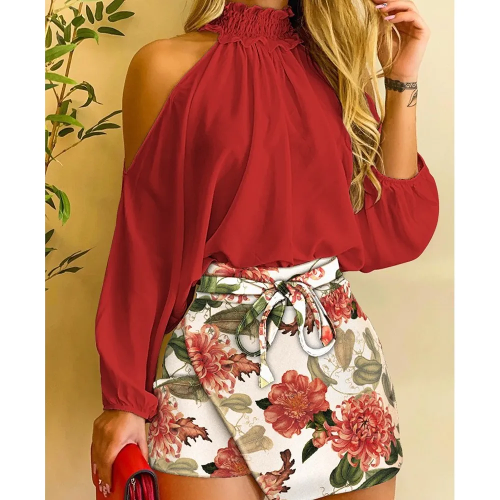 Elegant Office Skirt Sets for Women, Sexy Off Shoulder Sleeve Loose Shirts, Lace-up Mini Shorts, 2-Piece Suit, Autumn, 2023