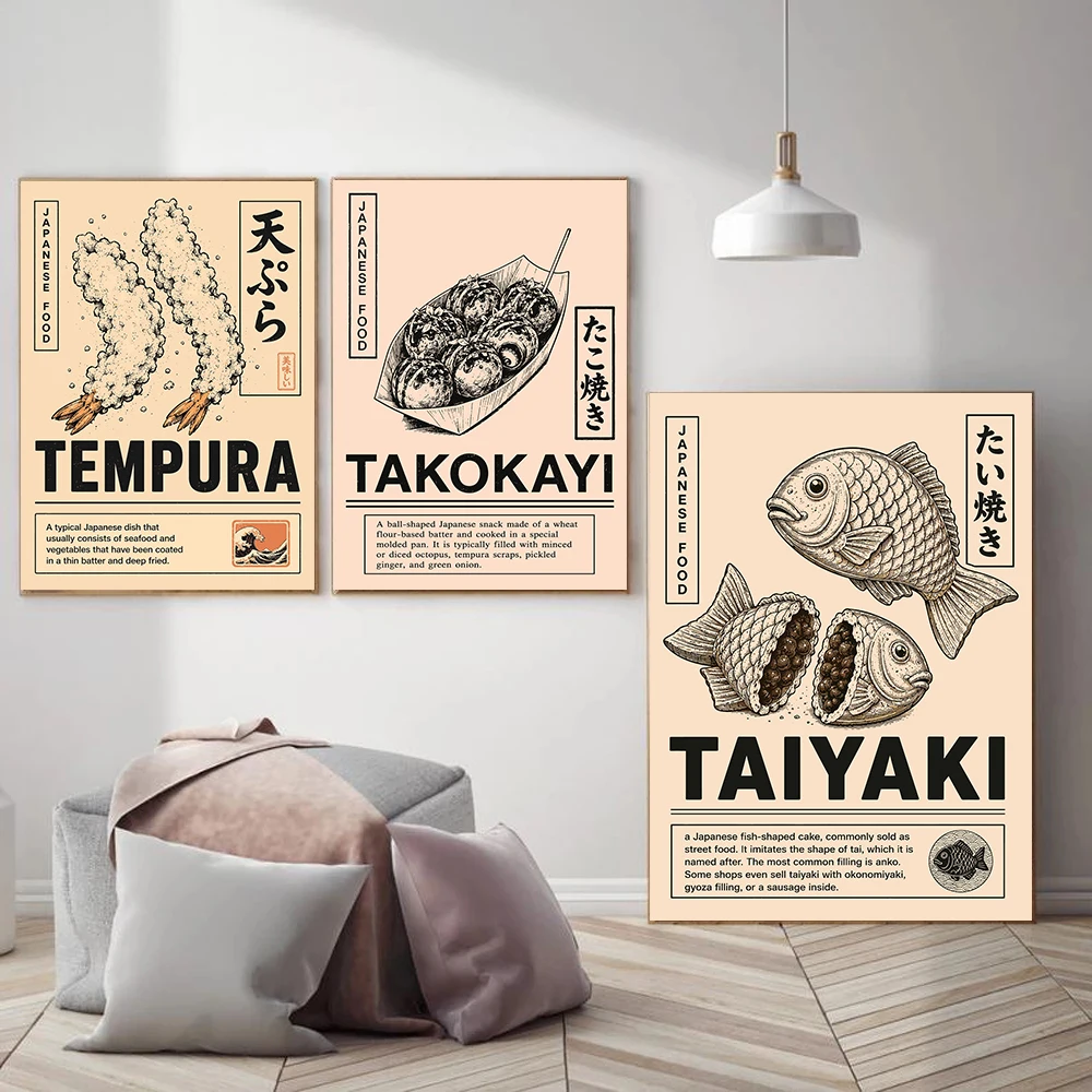 Vintage Taiyaki Ramen Japanese Food Posters Sushi Tempura Modern Painting Prints Canvas Wall Art Picture Home Living Room Decor