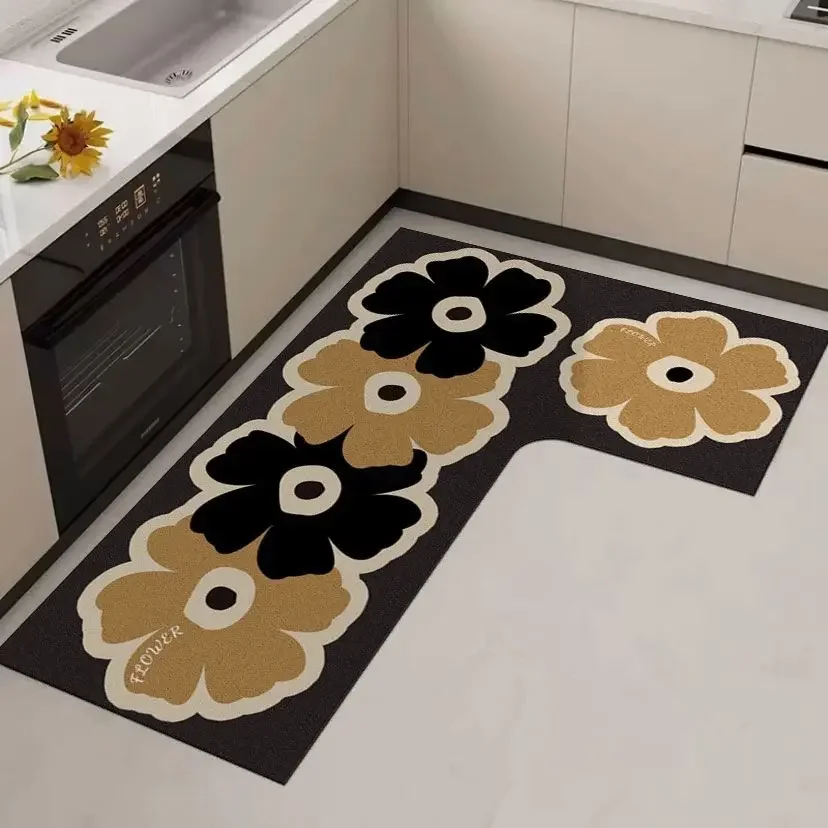 Minimally Designed Kitchen Floor Mat with Diatomaceous Earth Water Absorbing Soft Pad L-shaped Quick Drying Rug Foot Carpet