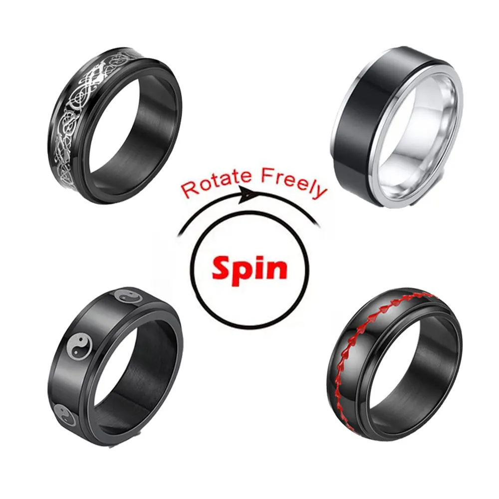 Black Color Punk Anxiety Fidget Ring for Men Women Spining Titanium Stainless Steel Spinner Jewelry Rotating Worry Ring Gift