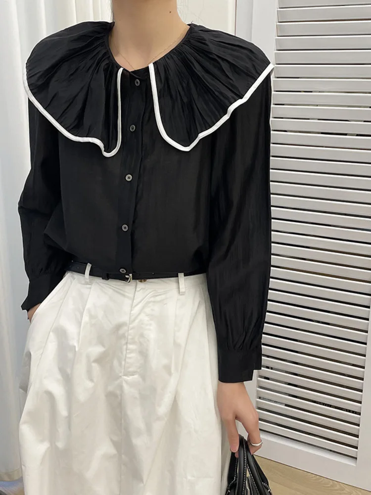 Korean Style Pleated Ruffle Edge Doll Neck Shirt Fashion All Match Black Casual Blouse Women 2024 Spring Summer X774