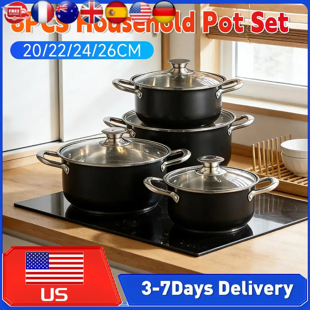

4Pcs Anti-Scratch Stainless Steel Cookware Set with Glass Lid Household Soup Pot Sets Stockpot for Home Kitchen Stove Cooking ﻿