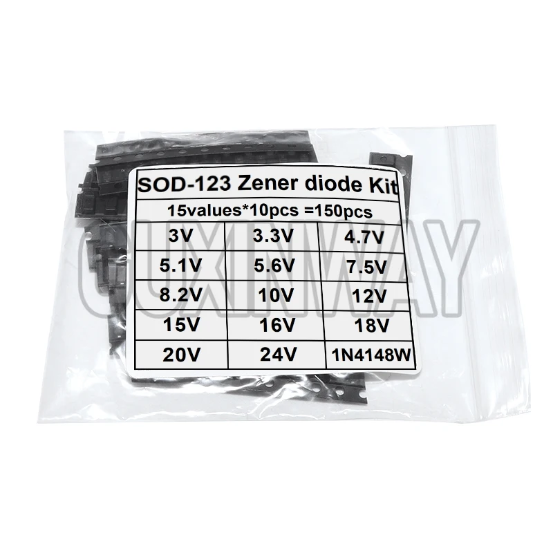 ชุดไดโอดซีเนอร์ 150 ชิ้น 15 ค่า รุ่น SOD-123 1206 SOD-323 0.5W ไดโอดซีเนอร์แบบ SMD บรรจุ 15 ค่า * 10 ชิ้น 3V 3.3V 4.7V 5.1V 5.6V 7.5V