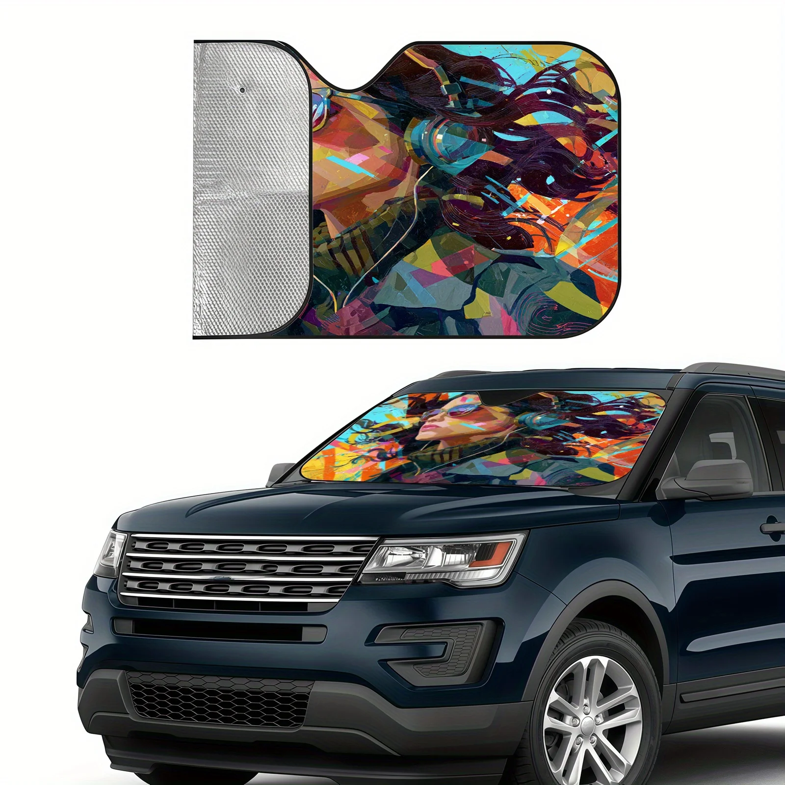 Trendy Color Block Music Girl Car Sunshade, Artistic Graffiti Style, Heat Insulating And Heat Reducing, Regulates Car Interior T