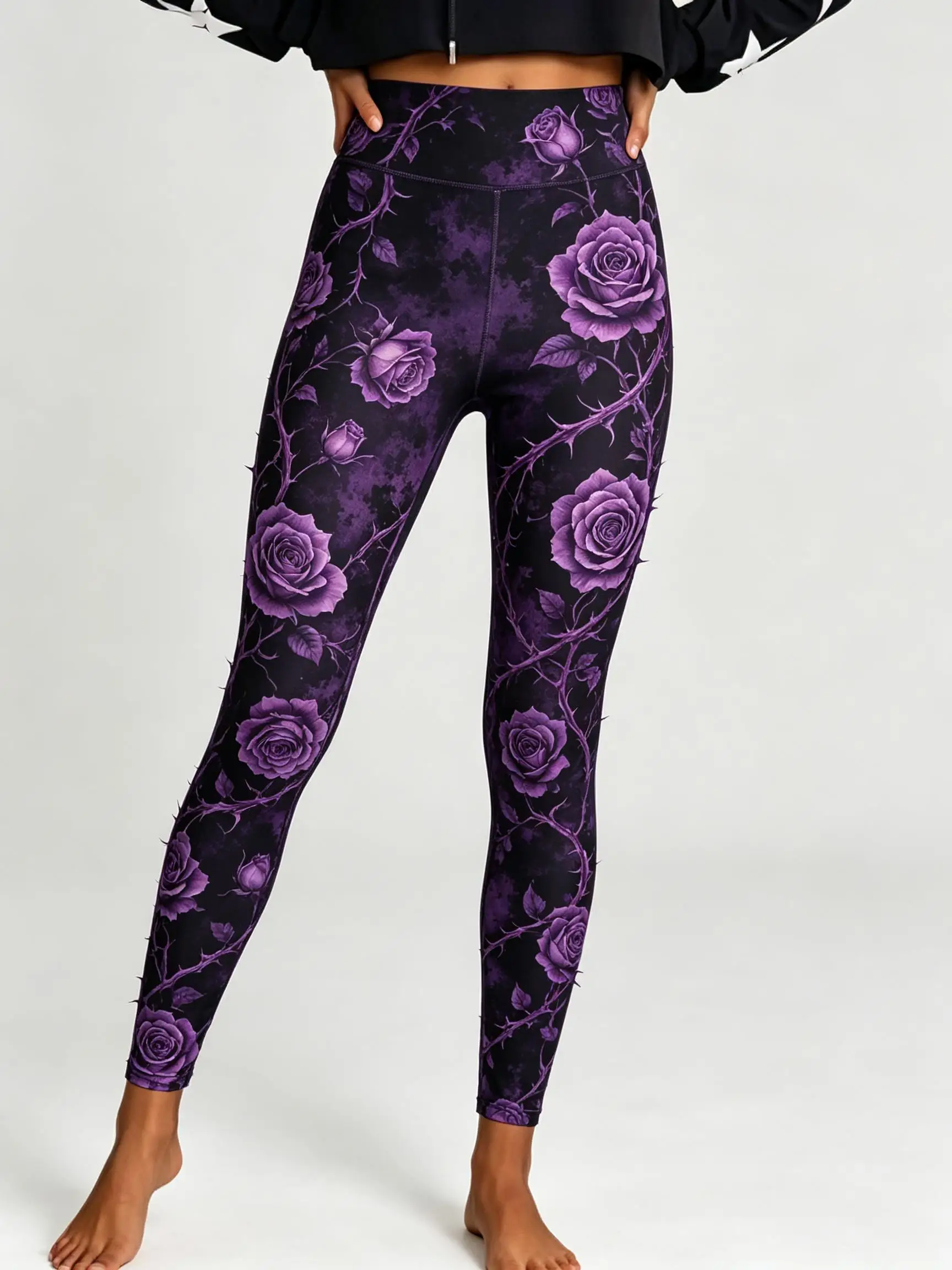 Women Halloween Fleece Mid‑Rise Leggings Red Rose Thorn Floral Full Print Stretch Slim Pants - view 5