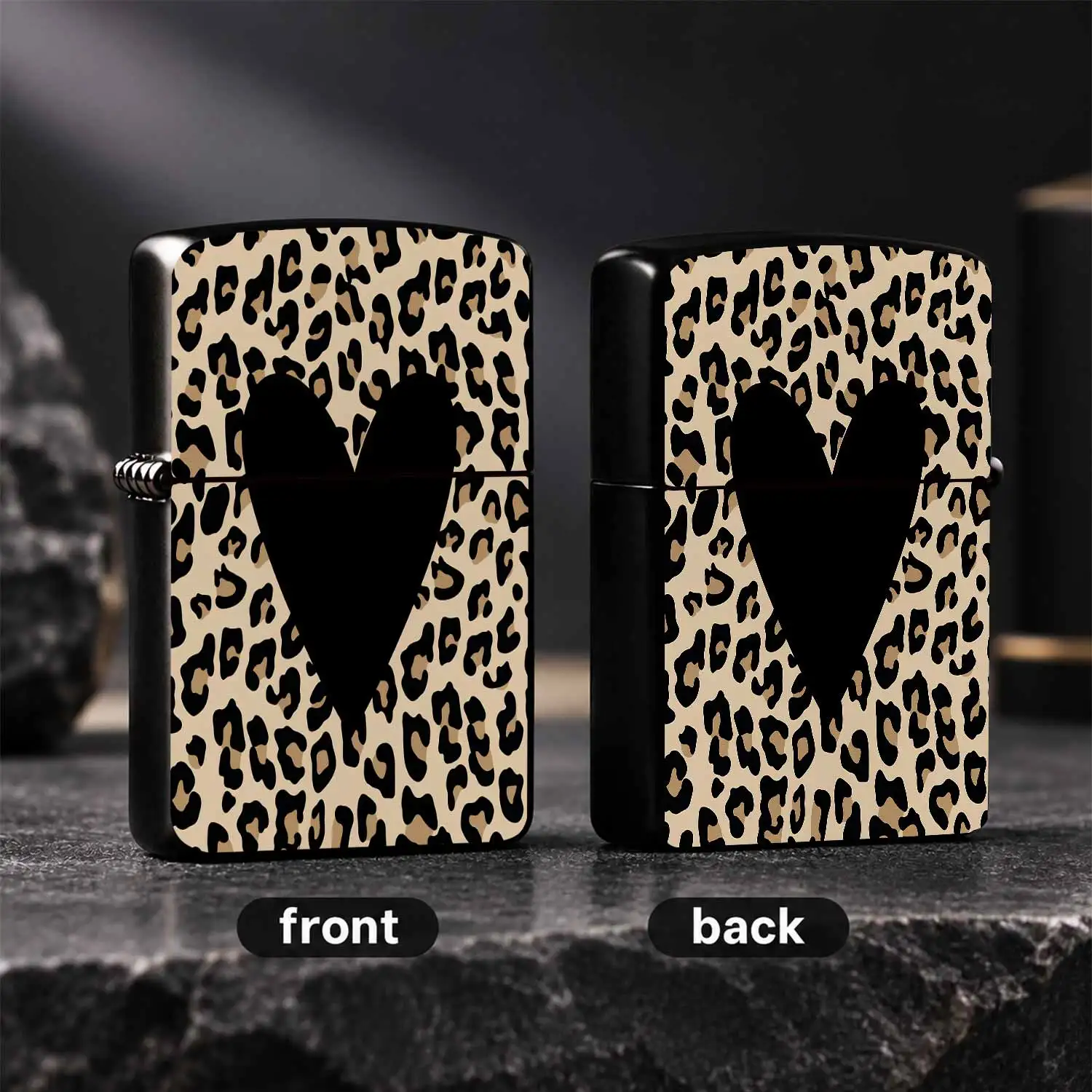 Stylish Leopard Print Black Heart Pattern Lighter, Portable Trendy Versatile Accessory, Chic Aesthetic Decorative Item, Ideal For Daily Use, Gifting On Various Occasions, Exquisite Unique Practical Present For Friends A A Humorous And Inter