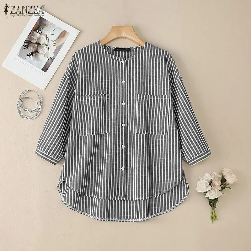 

2026 Summer Women's High-Low Shirts O-Neck Drop-Shoulder 3/4 Sleeve Pockets Button Up Striped Shirt ZANZEA Casual Woman Clothes