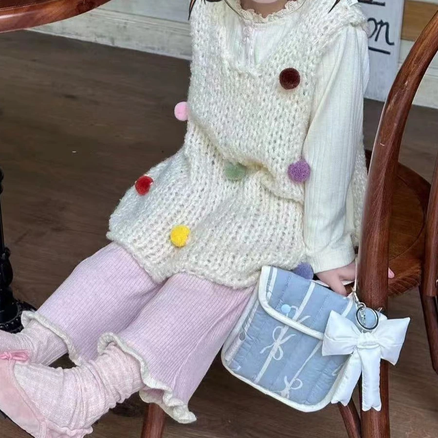 

Girls Spring Autumn Knitted Long Vest 2025 New Korean Fashionable Kids Casual Daily Colorful Pompons Knitwear All-match Top