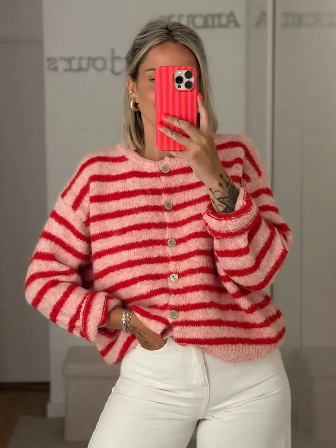 

Women's Soft Striped Knit Cardigan, Round Neck, Button Front, Casual Lounge Wear