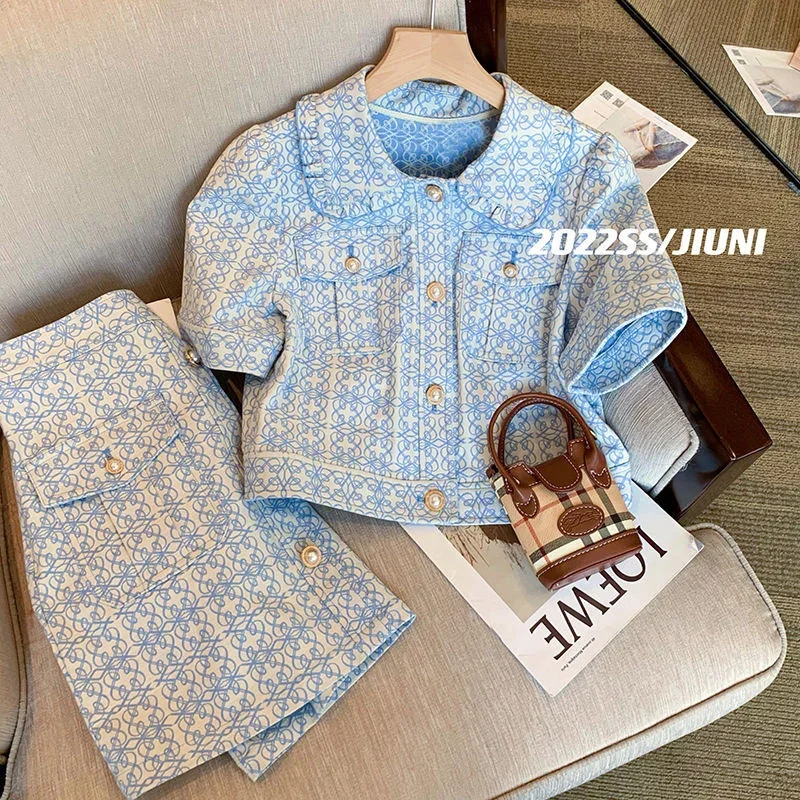 Blue Printed Two Piece Women Sweet Puff Sleeve Single Breasted Short Jacket + Mini High Waist A-Line Skirt Suit Summer OL