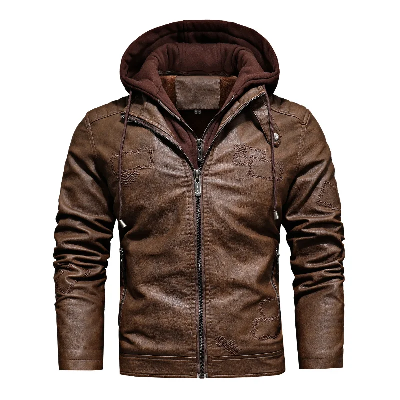 Autumn Winter Hooded Leather Jacket Men Fleece Motorcycle Pu Jackets and Coats Male Casual Slim Hat Detachable Outwear