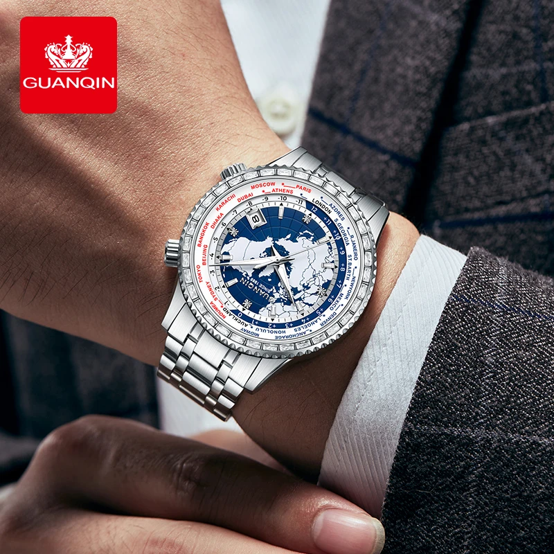 GUANQIN Premium Men's Watches Automatic Mechanical Luxury Steel Strap Wristwatch Fashion Casual Original Brands Time Zone Clock