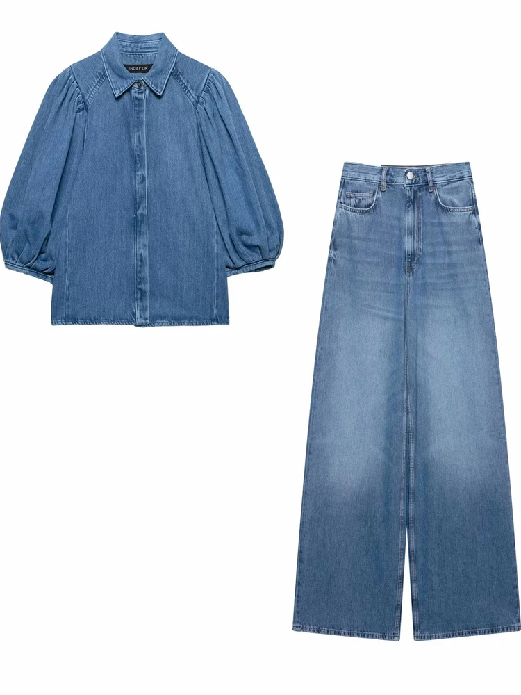 

High Waist Wide Leg Denim irt Puffy Sve Turn-down Collar Two-piece Set Faionable Summer Outfit Polyester Fabric Button...