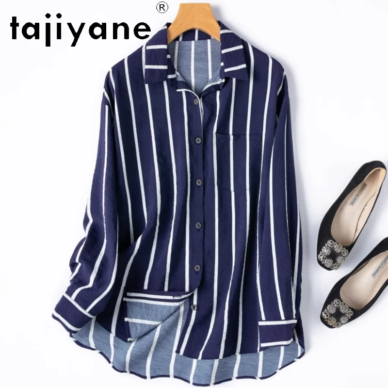 

TAJIYANE 76% Mulberry Silk Blouse Woman Fashion Striped Long Sleeve Shirt Dry Silk Summer Tops 2025 Ladies Clothes топ женский
