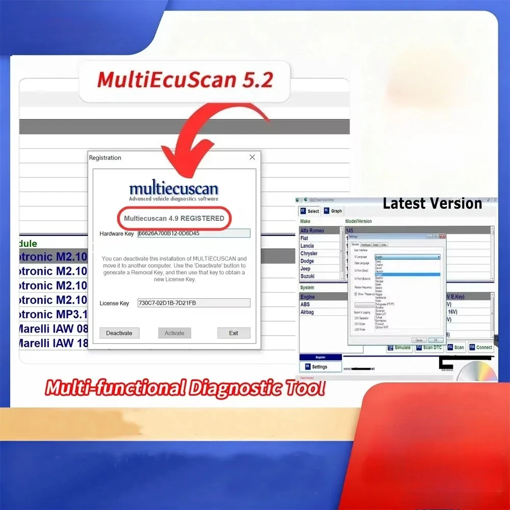 Multiecuscan V5.2 OBDII Diagnostic Tool Registered Unlimited Keygen  Scanner Multi ECU Scan Compatible with ELM327