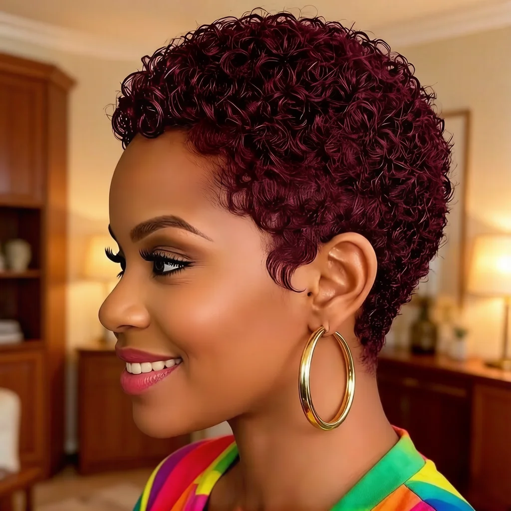 

Pixie Cut Wig Curly Human Hair Short Hair Full Machine Made for Women Natural Look Daily Wear