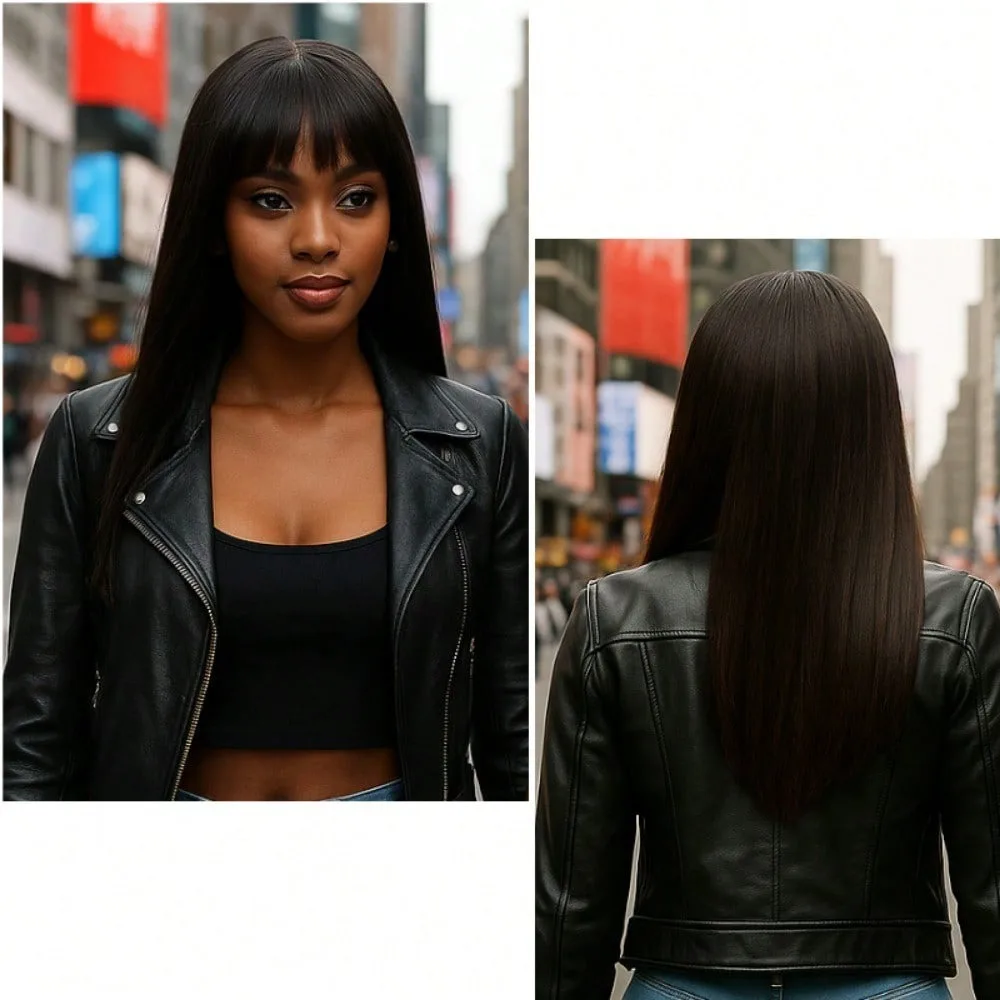 

28in Black Long Straight Wig, High-Temperature Fiber Synthetic Hair with Rose Mesh Cap, Smooth Straight Hair for Wome