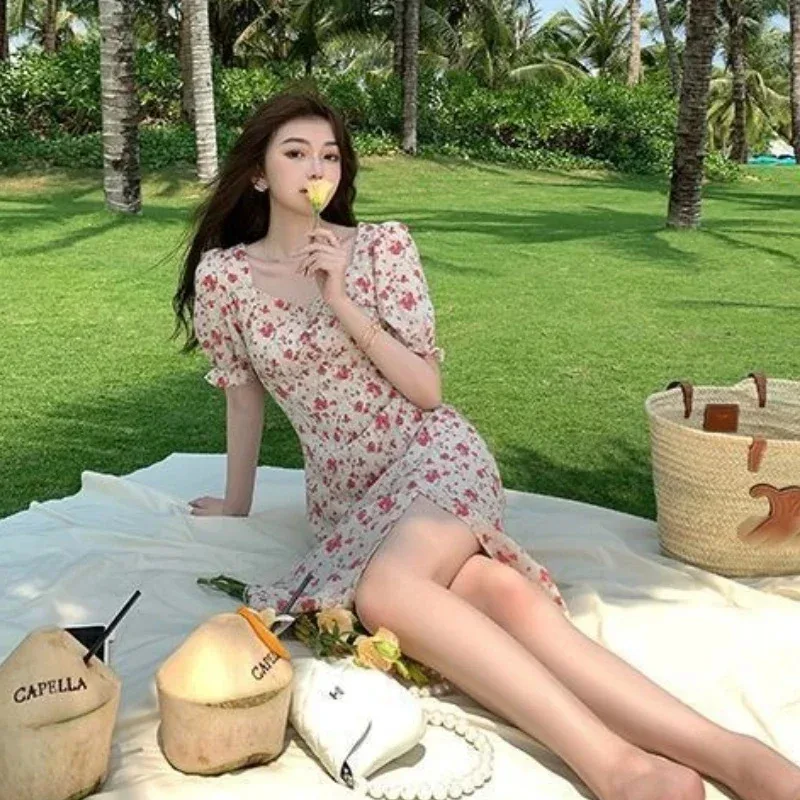 Vestido de mujer de flores vestidos florales para mujer playa Midi Split Sensual Sexy de una sola pieza barato Casual elegante y bonito Y2k Kpop caliente