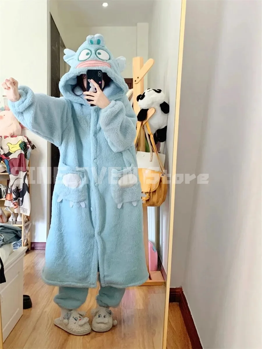 Sanrio Kawaii Hangyodon Pajama Women Thickened Coral Velvet Pajama Cartoon Girl Flannel Home Service Suit Autumn Winter Gift