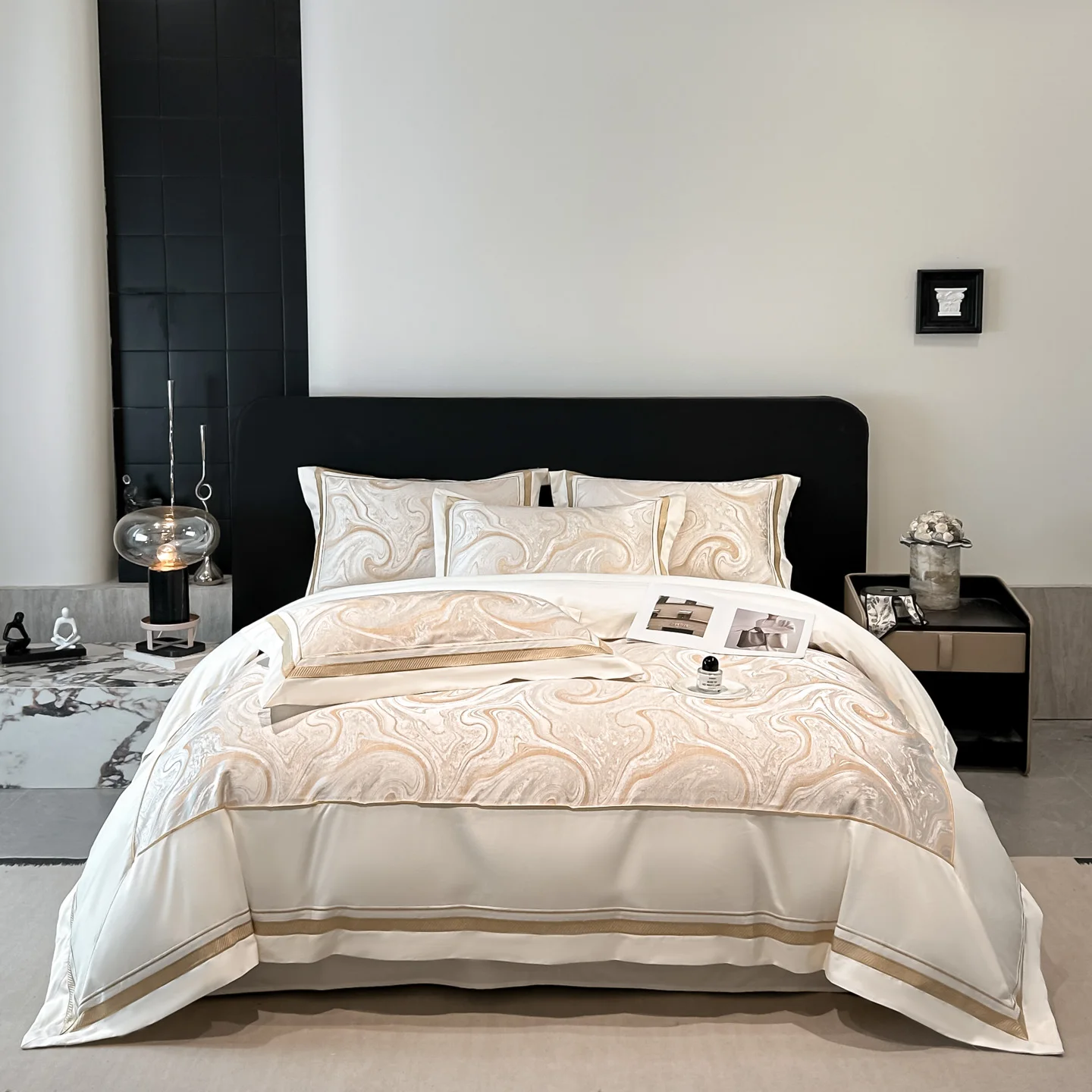 Ivory White Jacquard Satin Cotton Bedding Sets Luxury Golden Embroidery Duvet Cover Bed Linen Sheet Pillowcases Home Textile