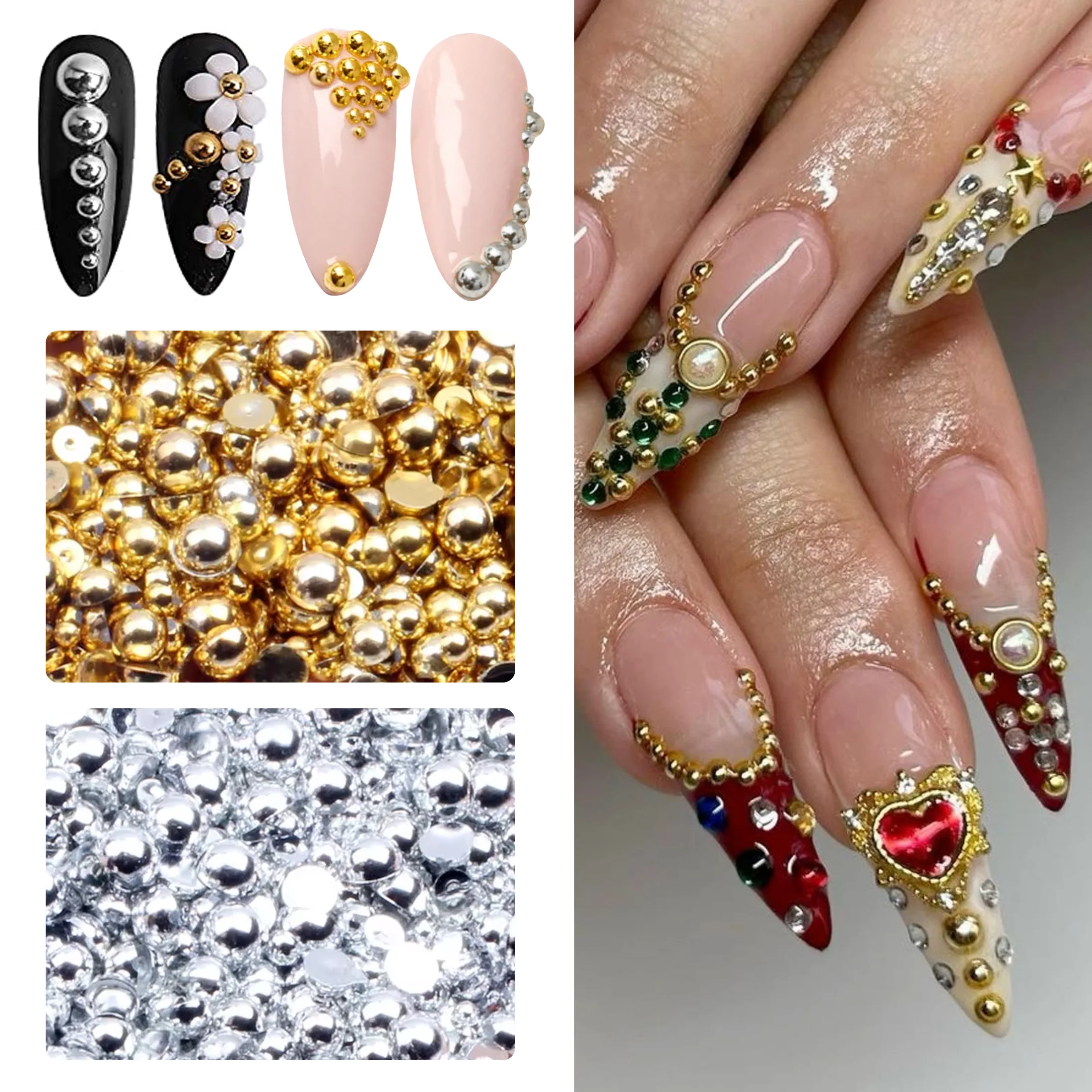 Pequeno 3d caviar-como a decoração do prego, prata, ouro, prata, aço inoxidável, tamanho misto, metal do grânulo, nail art decoração