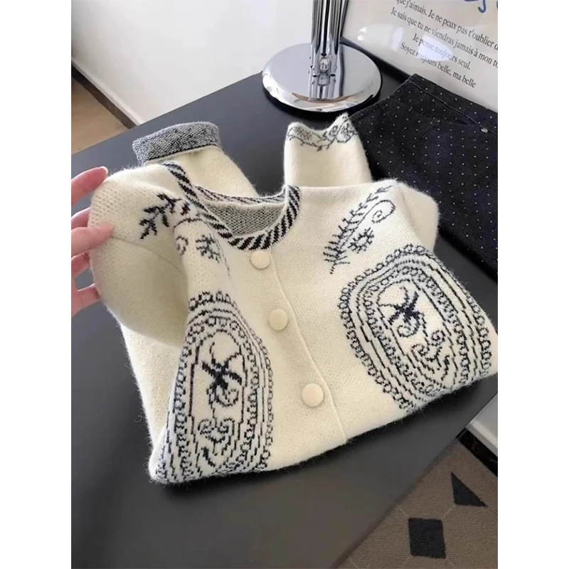 เสื้อคาร์ดิแกนถักทรงหลวมสไตล์เกาหลีแบบย้อนยุค ปักลาย ทรงกลม แขนยาว สำหรับผู้หญิง ใส่สบายๆ ในฤดูใบไม้ร่วง