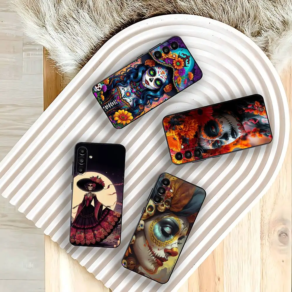 

Day of the Dead Mexican Catrina Skull Phone Case For Samsung Galaxy A73,31,32,72,41,53,52,71,22,5G,Note,J7,8,9 Soft Black Cover
