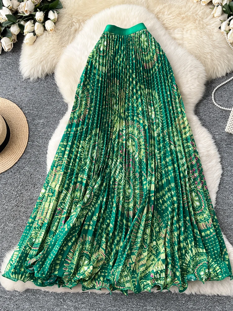 Femmes rétro imprimé taille haute minceur a-ligne jupe plissée mi-longue vacances bord de mer Style grande balançoire déplacements faldas SK081