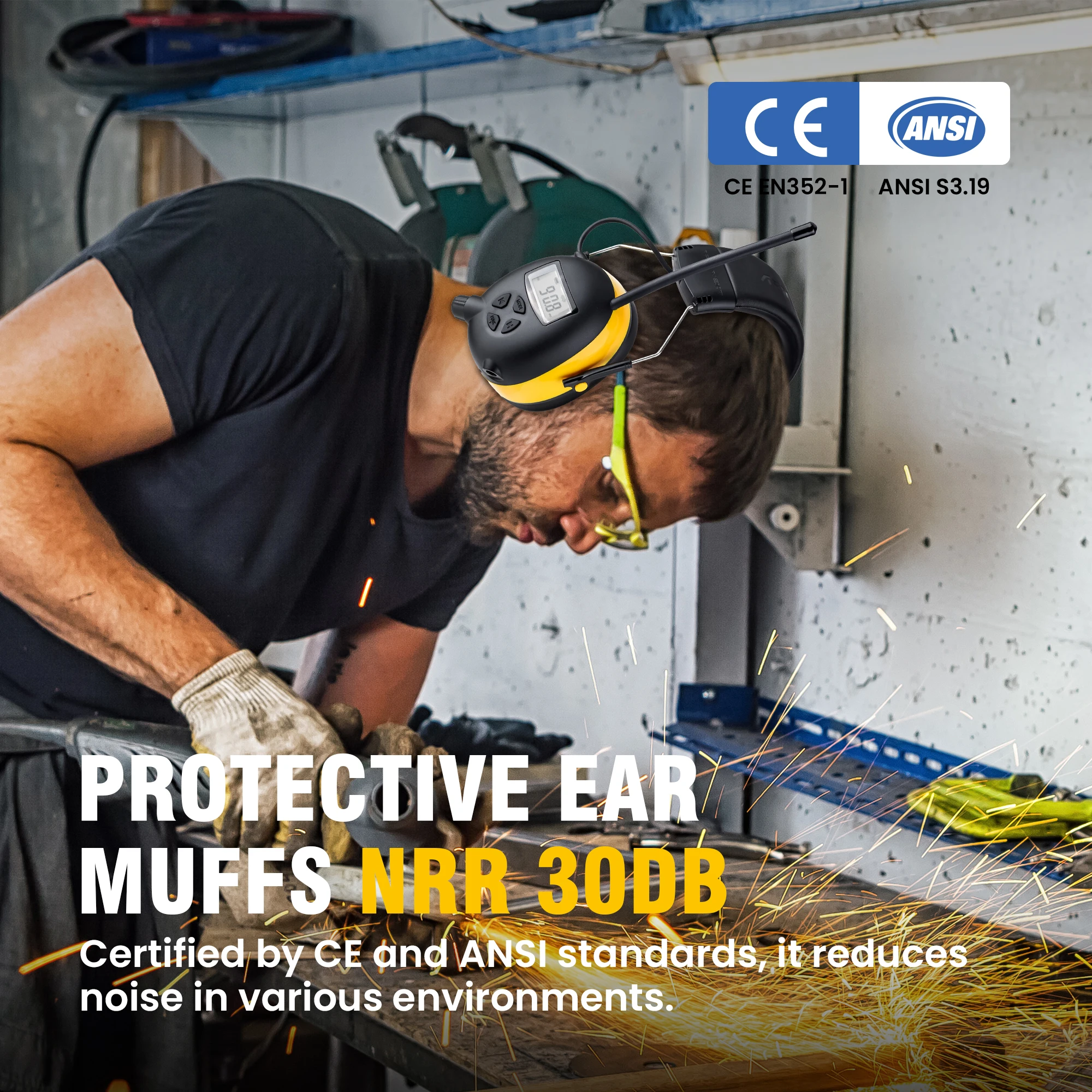Professional Bluetooth 5.3 Hearing Protection Earmuffs - 30dB NRR with AM/FM Radio for Mowing Workshops Industrial Use