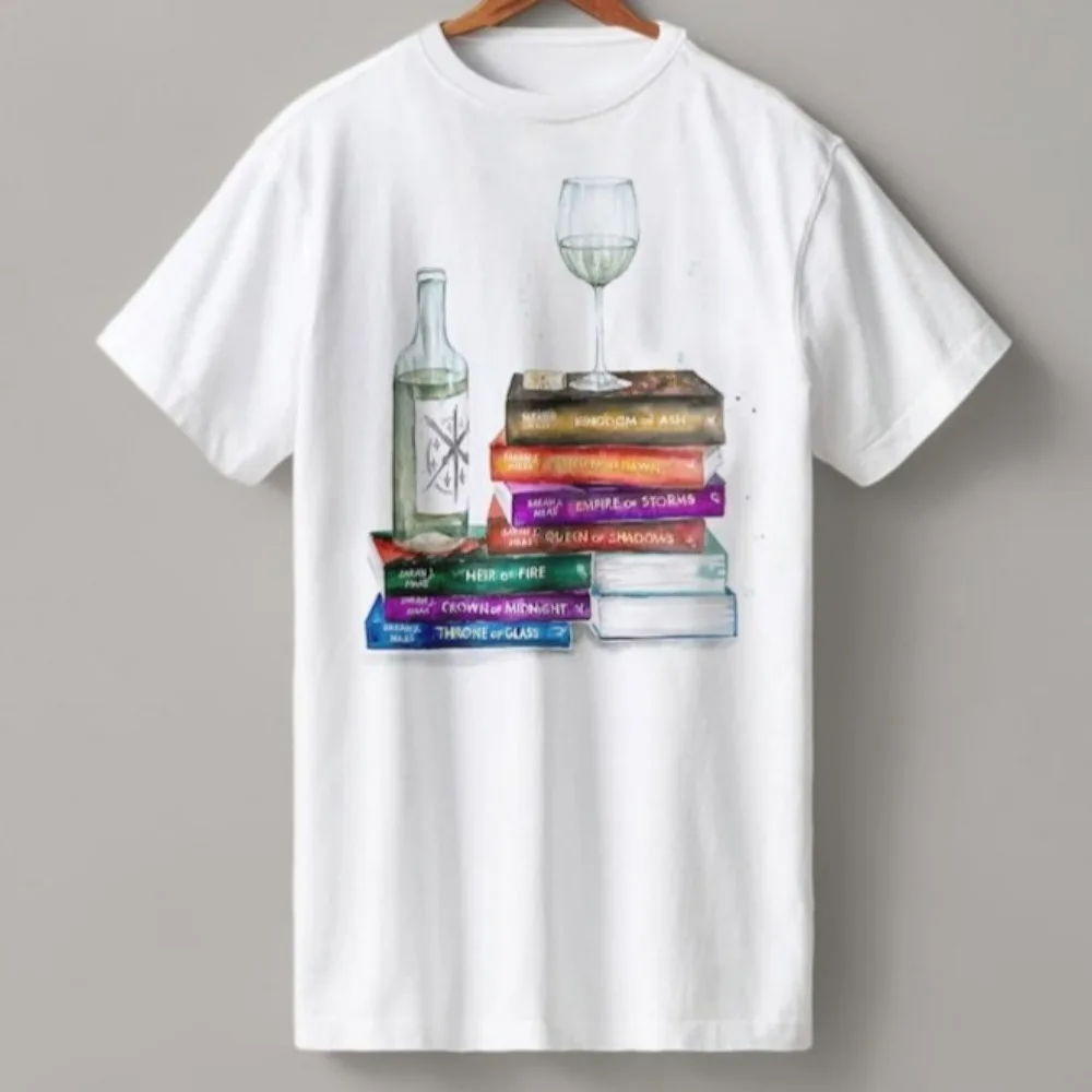 Throne of Glass Series Heavyweight Boyfriend Fit T-shirt Book Wine Glass Graphic Printing Clothes Women Summer Tees