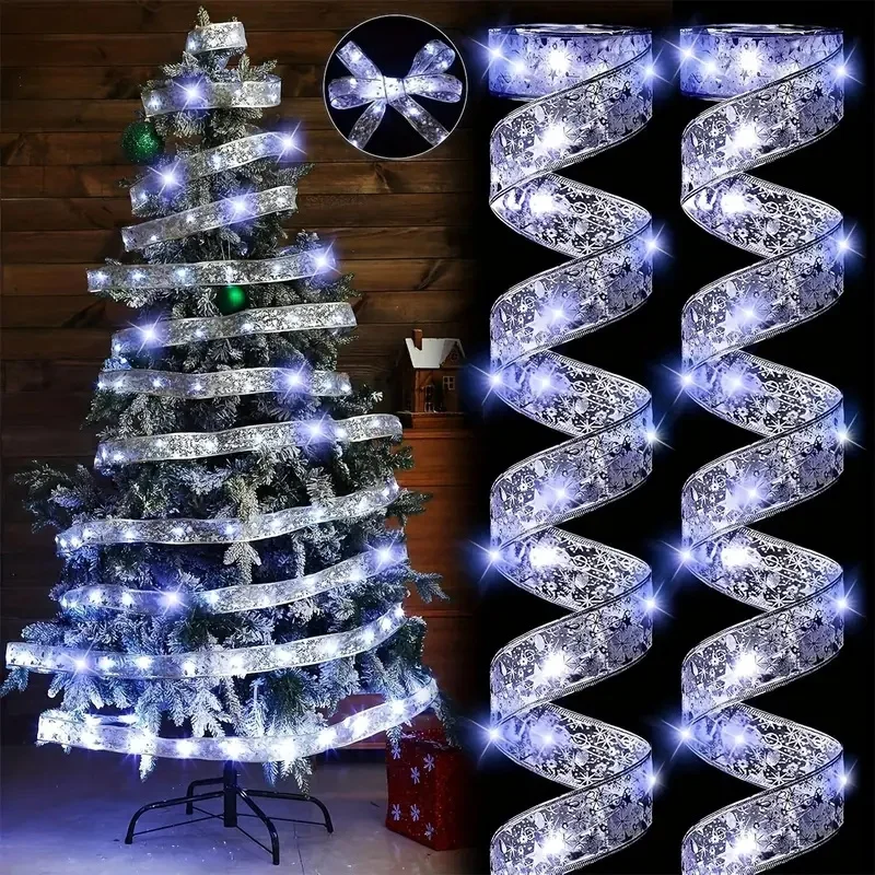1 Stück Weihnachtsbaumband-Lichterkette, 3 Farben, Batteriekasten, Satinschleife, Lichterkette, Girlande, Party-Dekoration, Urlaubsbeleuchtung
