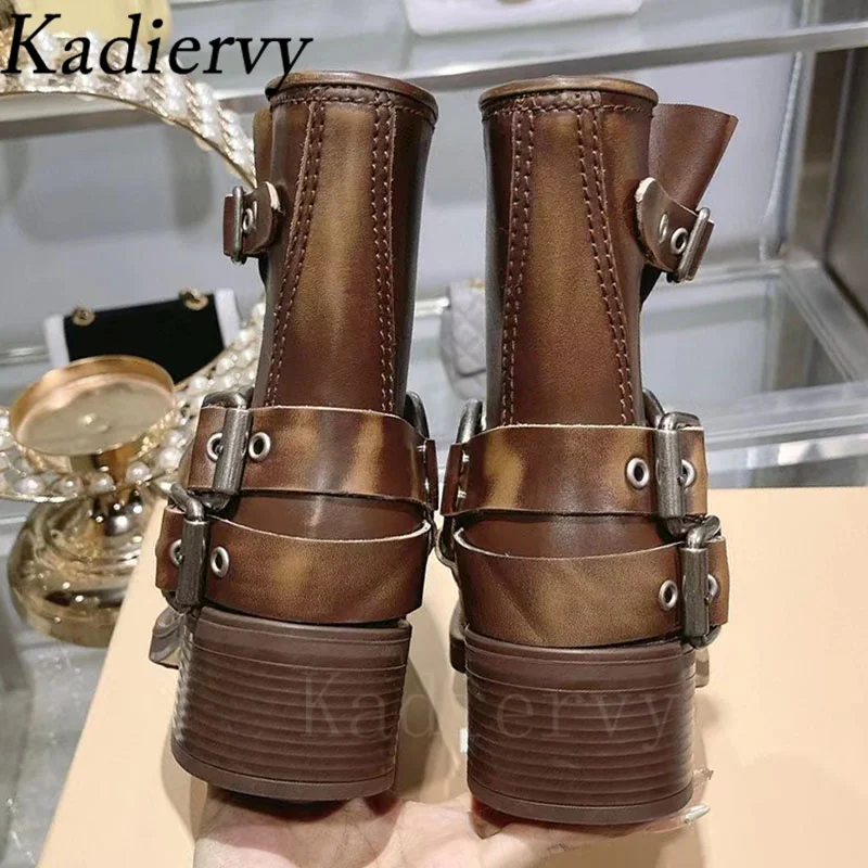 Suede Leather Short Boots Woman Rivets Metal Belt Buckle Punk Shoes Women Round Toe Motorcycle Boots Women Botas Mujer