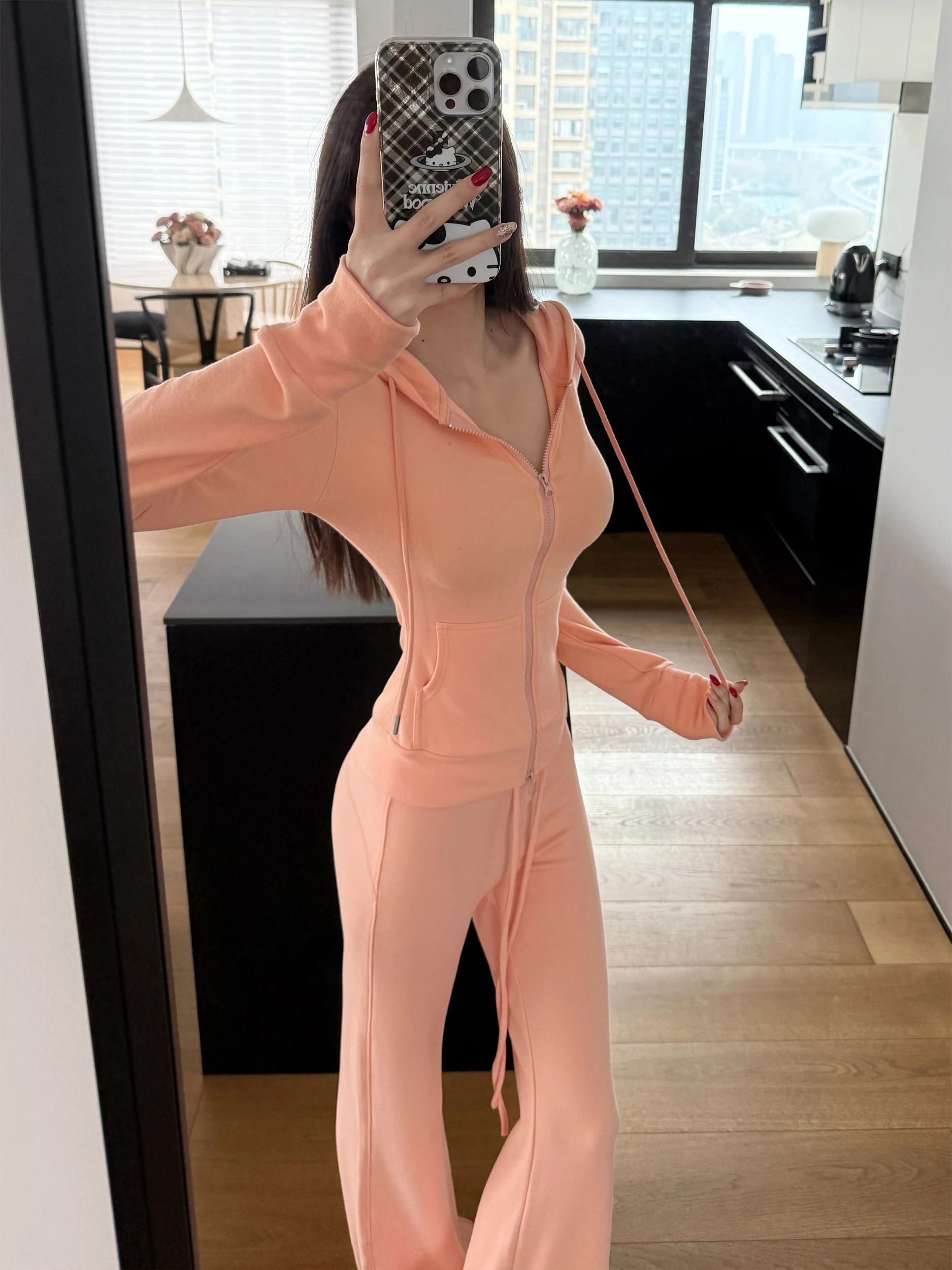 

Zhang Zi High Waist White Women Style Loose Sports Set Slimming Long Pants Zipper Open Cardigan Extended Length Flared Leg...