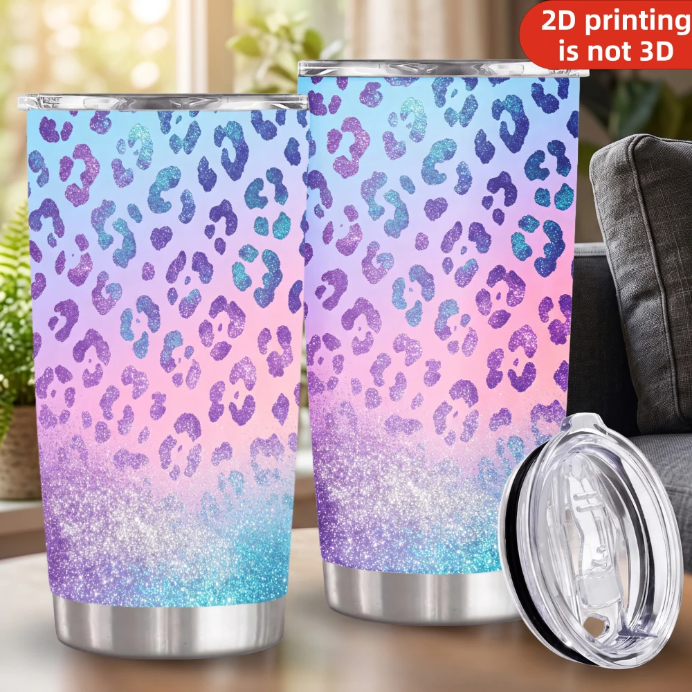 20oz Pastel Ombre Glitter Leopard Print Stainless Steel Tumbler with Lid and Straw, Blue Purple Pink Sparkle Cheetah Spots Vacuum Insulated Travel Coffee Mug Gifts