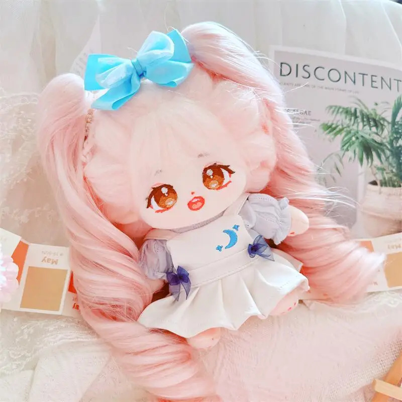 20cm Kawaii Pink Hair Girls Plush Doll Cute Blue White Moon Dress Suit 3Pcs DIY Clothes Accessory Anime Stuffed Cotton Dolls Toy