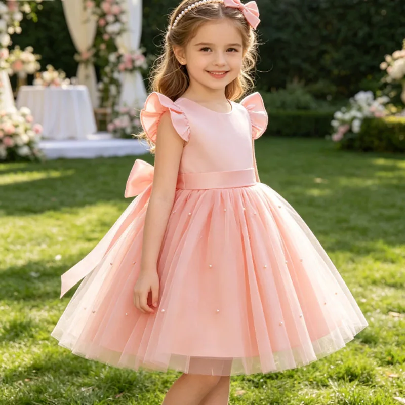 Girl Princess Dress Elegant Wedding Bridesmaid Dress Prom Gown Big Bow Girls Birthday Party First Communion Formal Evening Dress
