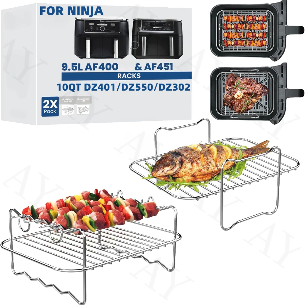 (Large size)2PCS Air Fryer Racks Specifically Made for Ninja AF400/AF451 9.5L & DZ401/DZ550 10QT Stainless Steel Single Layer