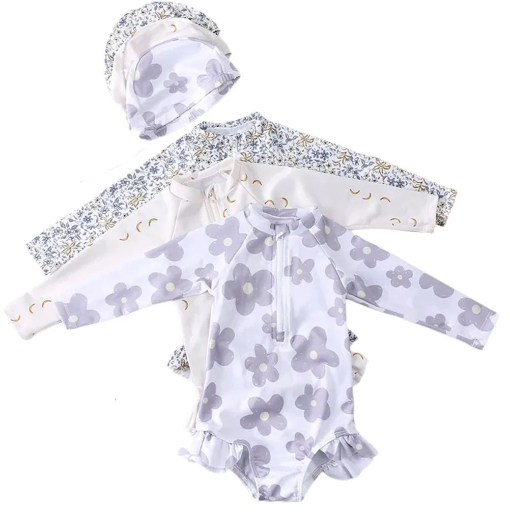 

1-7Y Girls' Long Sleeve Rash Guard One Piece Swimsuit Zipper Ruffle Floral Print Ins Style Bathing Suit With Hat Sun Protection