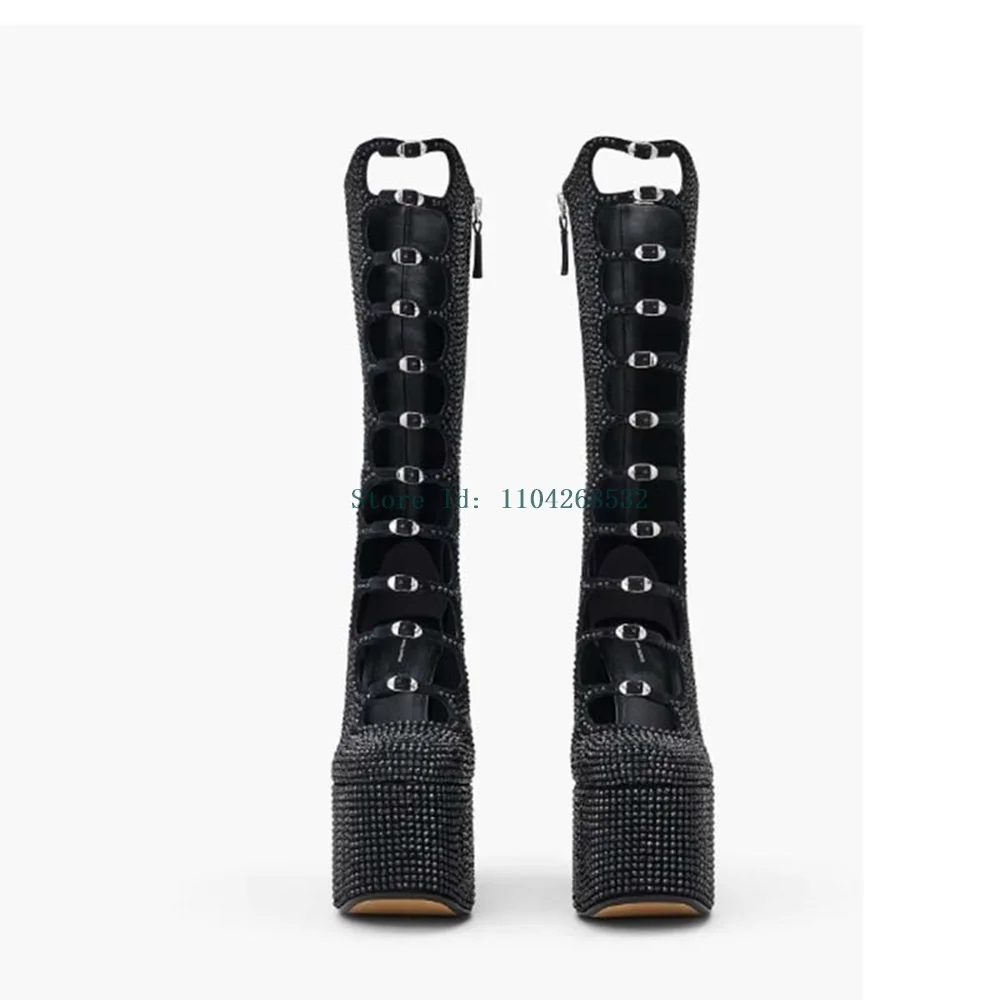 Rivet Belt Buckle Platform Sandals Boots Sexy Square Toe Thick Heel Sexy Hollow Out New Arrivals Fashion Women Runway Boots