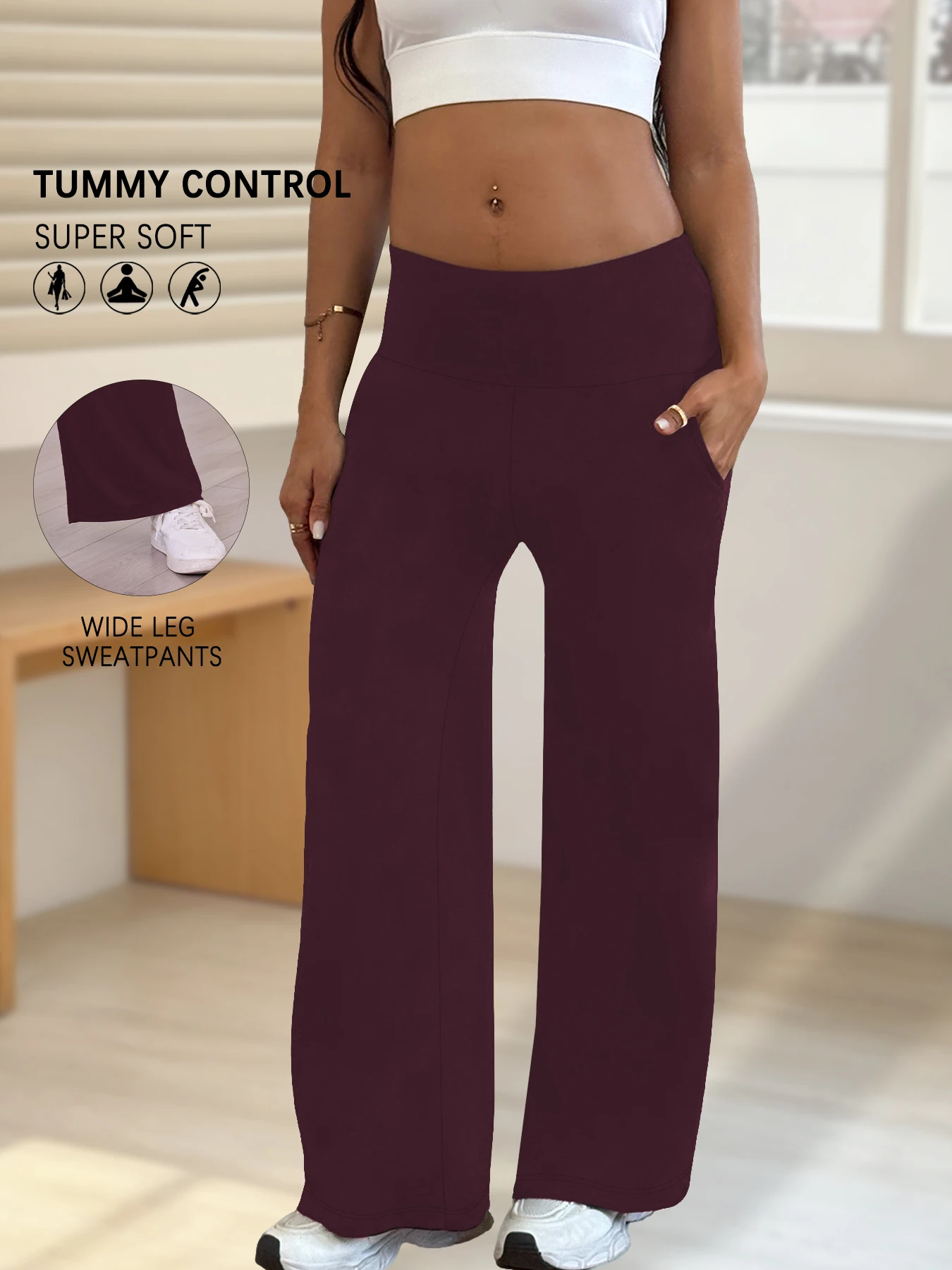 بنطال رياضي نسائي واسع الساق مع جيوب، بنطال رياضي فضفاض فائق النعومة