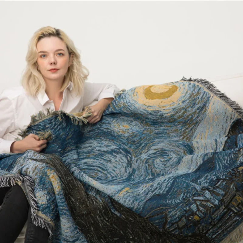 Van Gogh Starry Night Art Tapestry Blanket Premium Jacquard Woven Throw with Fringe Vintage Famous Painting Sofa Cover for Home